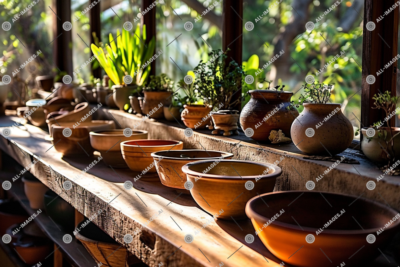 a row of pots and bowls on a shelf,pot, table, indoor, ceramic, plant, earthenware, pottery, montessori, houseplant, window, tableware, outdoor, mixing bowl, flowerpot, porcelain, bowl, wooden, vase