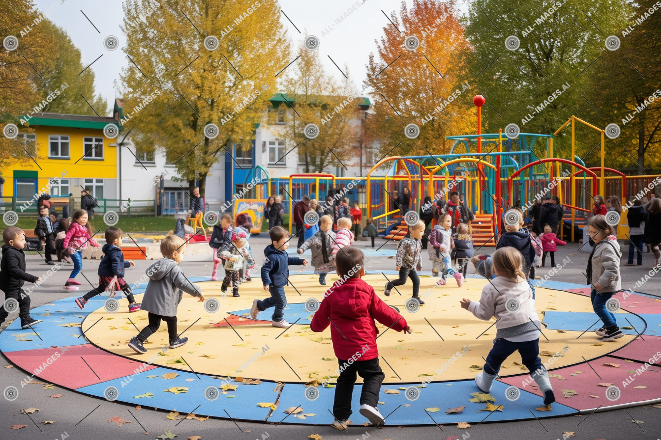 a group of children playing in a playground,footwear, outdoor, tree, public space, clothing, person, outdoor play equipment, girl, boy, play, people, group, ground, child, park, filled, playground, children, having, school, fun, nursery, playing