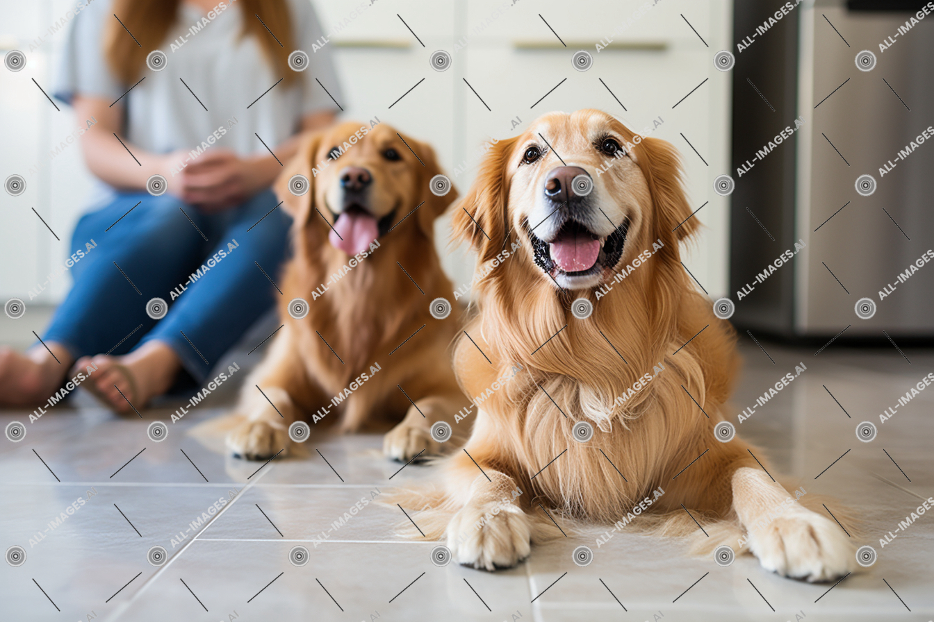 two dogs lying on the floor,animals, person, mammal, cozy, floor, indoor, home, beside, two, medium, angle, pet, sitting, friendly, woman, dog breed, dog, animal, golden retriever, shot, golden, brown, retrievers