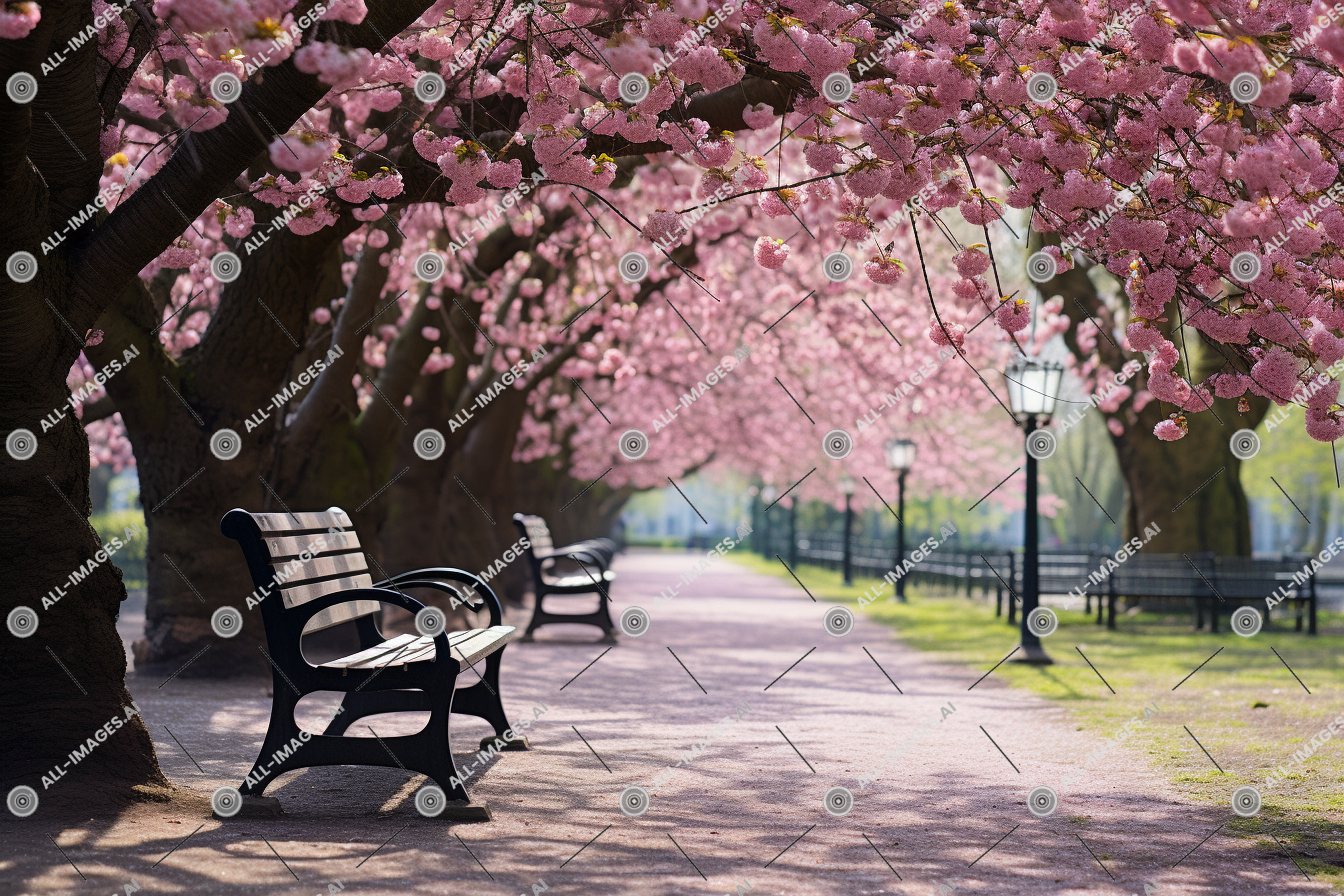 bancs sur un chemin avec des arbres roses,scène, sakura, fleur de cerisier, herbe, banc, meubles, usine, printemps, fleurir, séance, sol, fleurs, Extérieur, arbre, parc, fleur, cerise