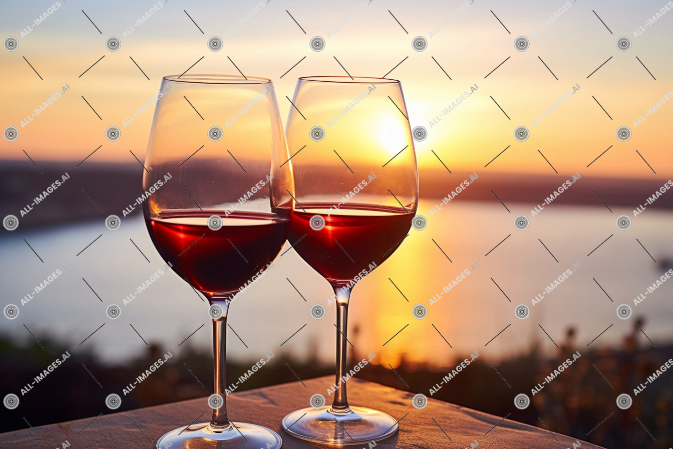 two glasses of wine on a table,wine glass, stemware, drink, drinkware, alcoholic beverage, barware, champagne stemware, container, glass, tableware, red wine, dessert wine, water, snifter, distilled beverage, outdoor, champagne, liquid, white wine, alcohol, red, sunrise, clinking, sea, two, angle, wine, low, glasses, backdrop, shot, sunset, against, together