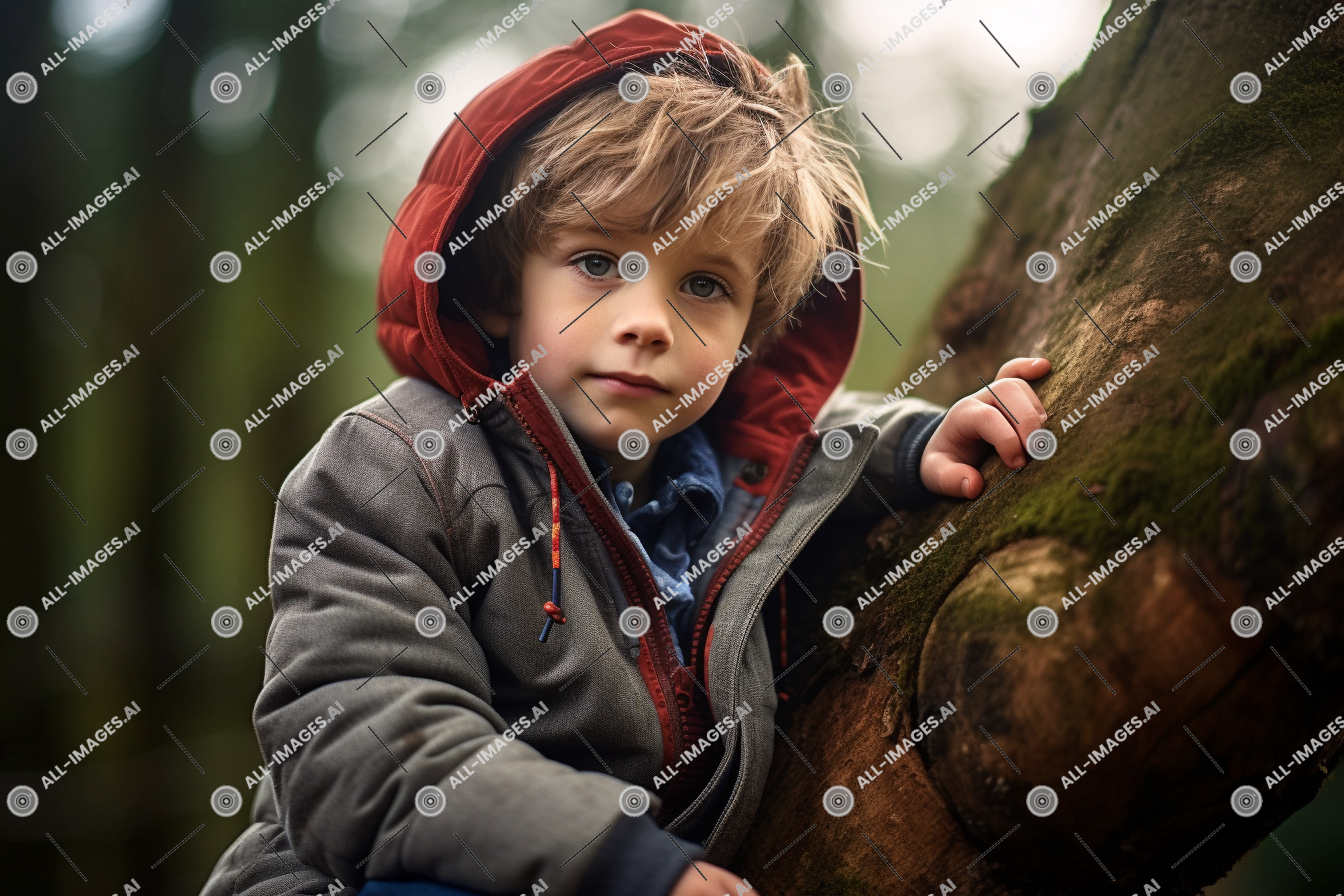 Un garçon dans une veste penchée contre un arbre,enfant, veste, personne, visage humain, hiver, Extérieur, arbre, fille, portrait, tout-petit, garçon, bébé, vêtements