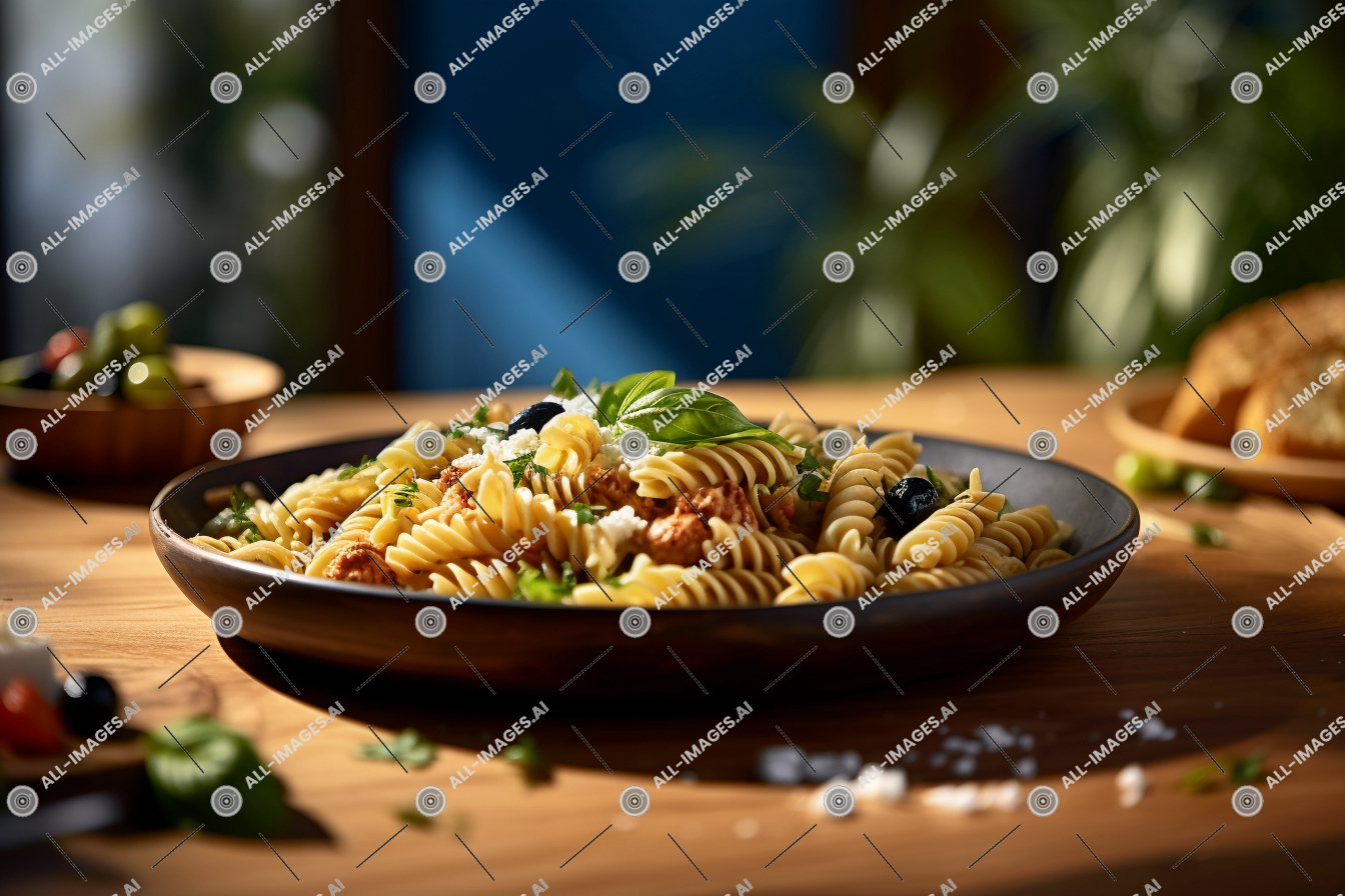 Une assiette de pâtes avec des olives et du basilic sur une table,cuisine, plaque, repas, recette, tableau, intérieur, nourriture italienne, nourriture, plat, Pâtes, légume, salade, bol