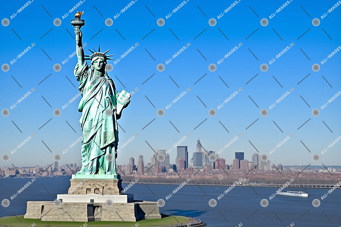 Une statue de la liberté avec une ville en arrière-plan,clair, ciel, statue, voir, aérien, liberté, arrière-plan, Extérieur, ville, aérien, horizon, nouveau, caniche miniature, monument, bâtiment, eau, bleu, York, sculpture