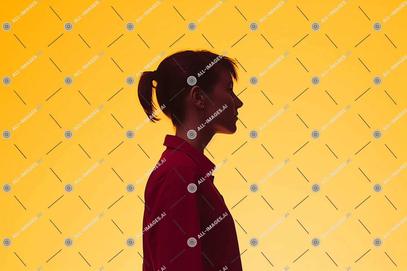 a silhouette of a woman,side, neck, person, human face, bright, shoulder, standing, wall, wearing, viewed, red, sideways, background, shirt, silhouette, clothing, against