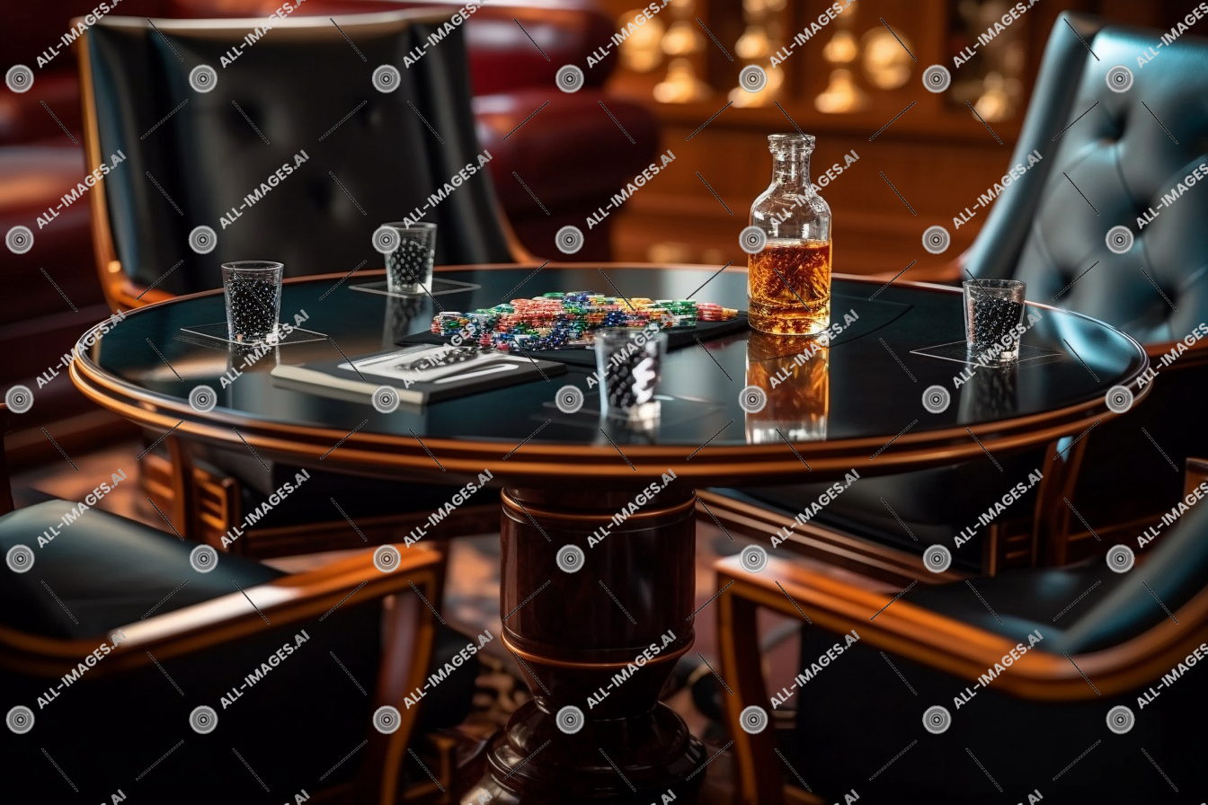 a table with a bottle of liquor and chips on it,chairs, sentence, table, furniture, indoor, elegant, situation, luxurious, jack, black, chair, blackjack, bottle, casino