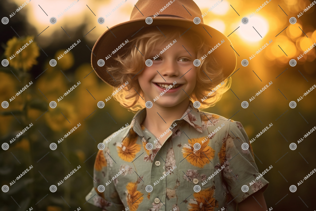 a child wearing a hat and shirt,person, human face, smile, sun hat, fashion accessory, portrait, outdoor, cowboy hat, young, flower, hat, standing, girl, yellow, sun, woman, child, children's, wearing, children, smiling, clothing