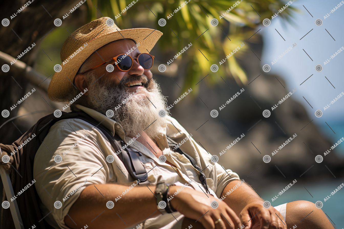 a man wearing a hat and sunglasses,human beard, side, person, vacation, human face, daydreaming, chubby, mammal, beach, fashion accessory, sea, man, diving, angle, funny, hat, sitting, clothes, outdoor, cowboy hat, summer, sun hat, capture, clothing
