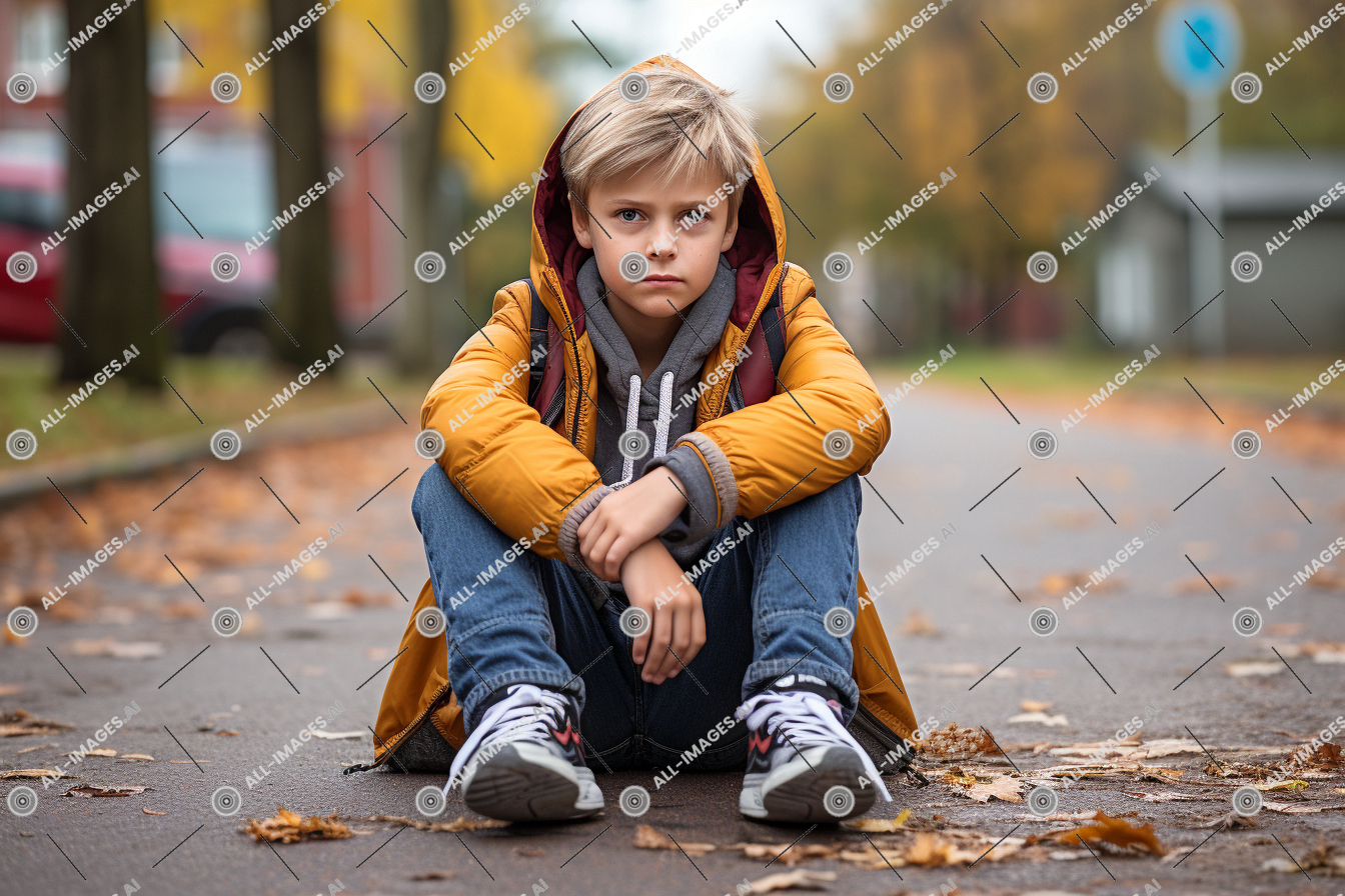 a boy sitting on the ground,outdoor, clothing, person, human face, toddler, road, ground, jacket, footwear, young, fall, girl, street, autumn, child