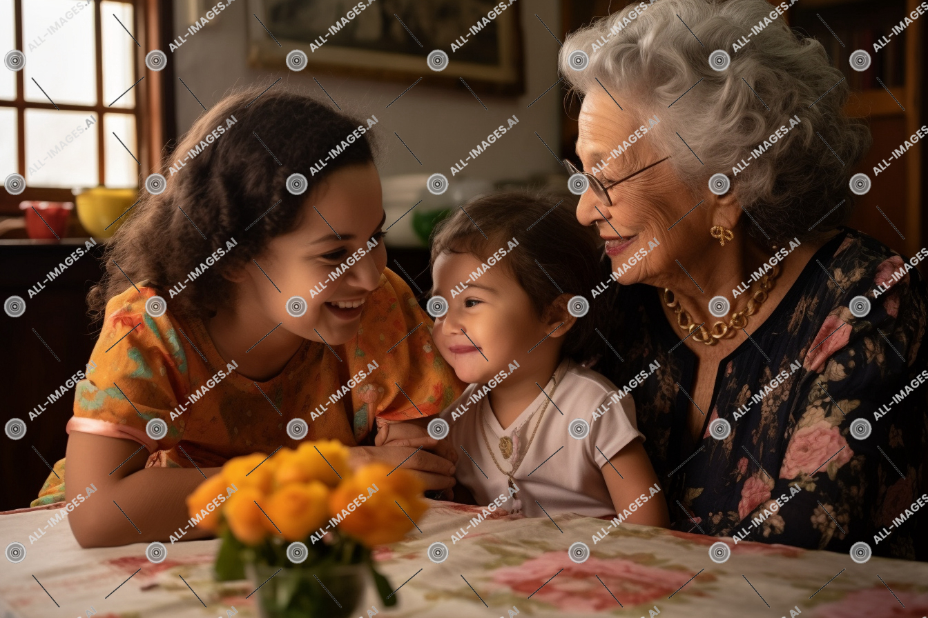 a group of women and a child,person, human face, clothing, indoor, toddler, table, family, sitting, child, wall, flower, woman, girl