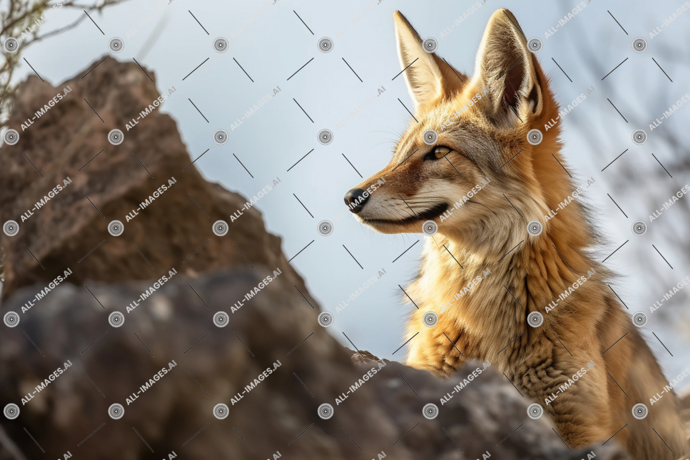 a fox sitting on a rock,canis, mammal, kit fox, red fox, dhole, wildlife, snout, rock, perched, coyote, terrestrial animal, swift fox, outdoor, renard, animal, distance, looking, fox