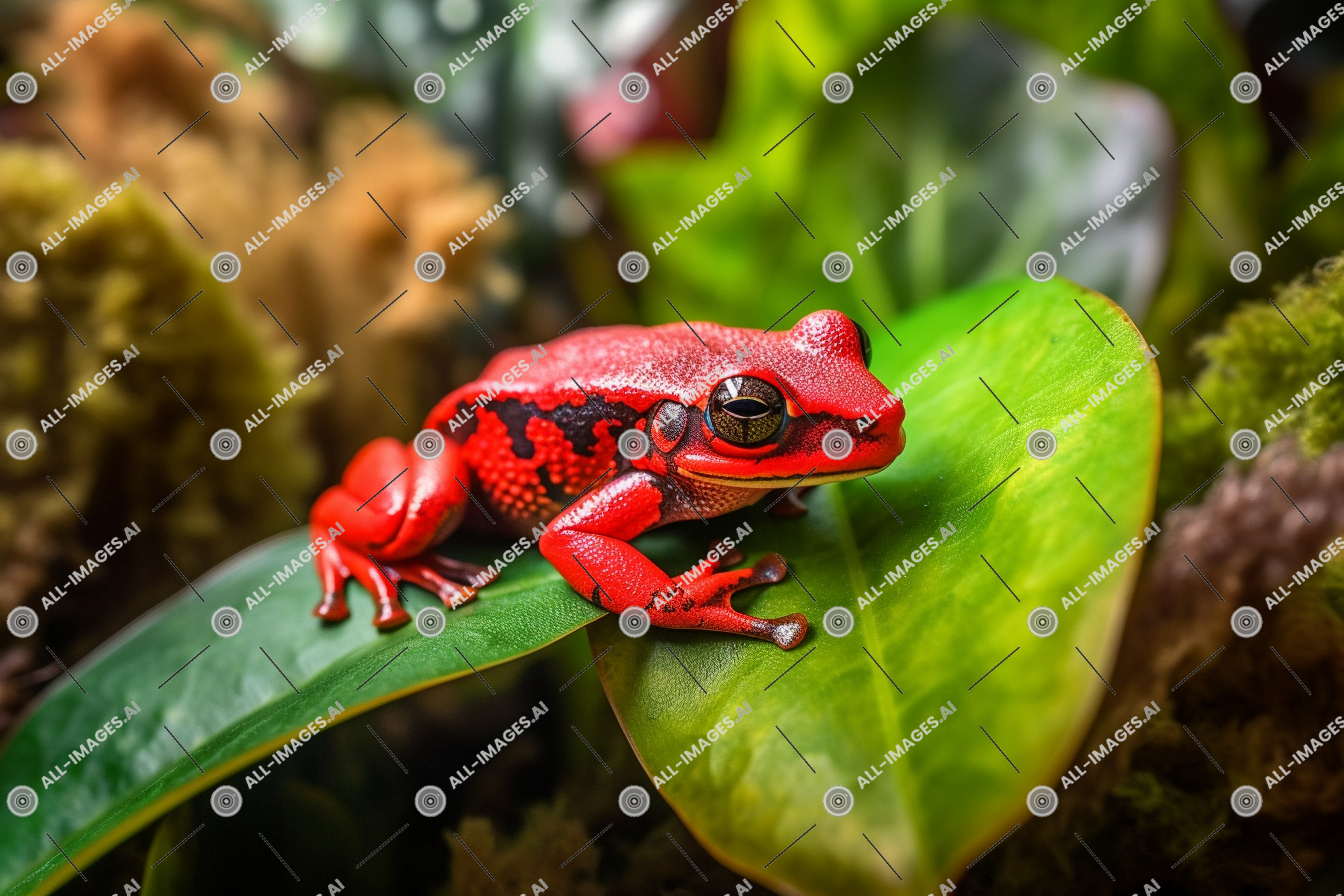 Une grenouille rouge sur une feuille,grenouille, organisme, amphibie, grenouille de fléchette de poison, usine, feuilles, crapaud, rouge, parmi, Extérieur, aquatique, camouflage, animal, vraie grenouille, végétaux