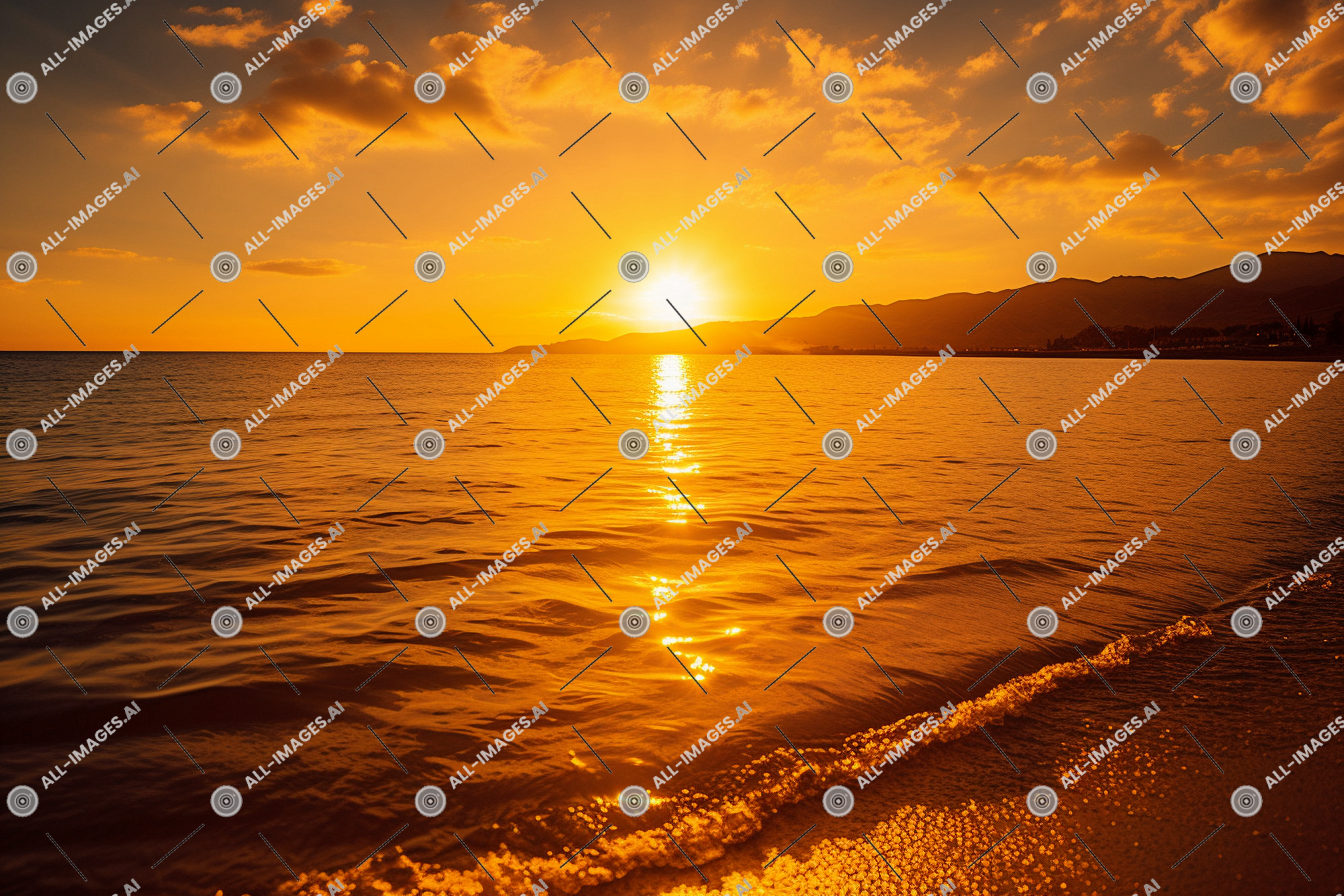 Golden Sunset Over Tranquil Sea,soleil, son, crépuscule, paysage, nuage, coucher, lever du soleil, plage, rive, Landaux côtiers et océaniques, lac, horizon, ciel, calme, mer, soleil, océan, aube, nature, Extérieur, plan d'eau, montagne, rémanence, eau, de, ciel rouge le matin, soir, coucher de soleil