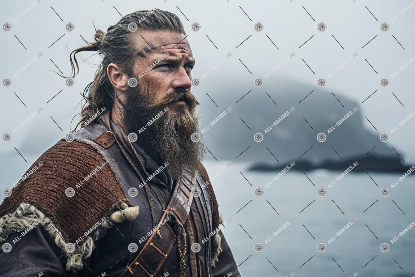Viking-Inspired Costume by the Sea,barbe humaine, personne, visage humain, plage, ciel, brouillard, Extérieur, épingle de sûreté, portrait, eau, vêtements