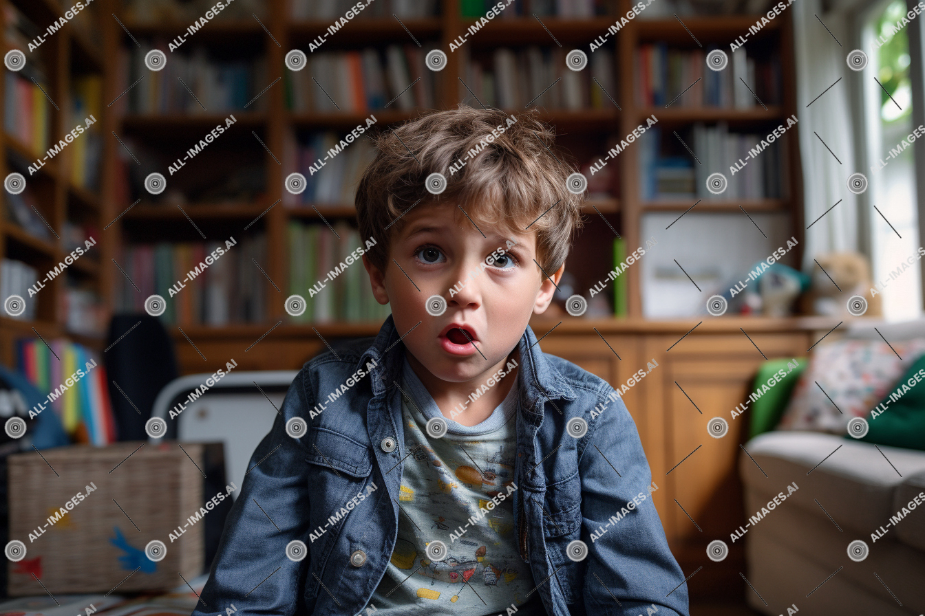 a boy looking up with his mouth open,human face, person, indoor, clothing, book, bookcase, toddler, furniture, young, boy, shelf, child, library
