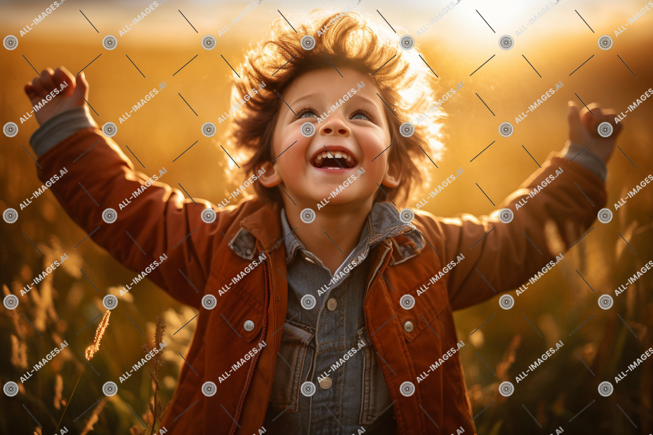 a child with his arms up in the air,human face, person, clothing, outdoor, smile, toddler, jacket, grass, happy, girl, portrait, young, standing, field, child, boy