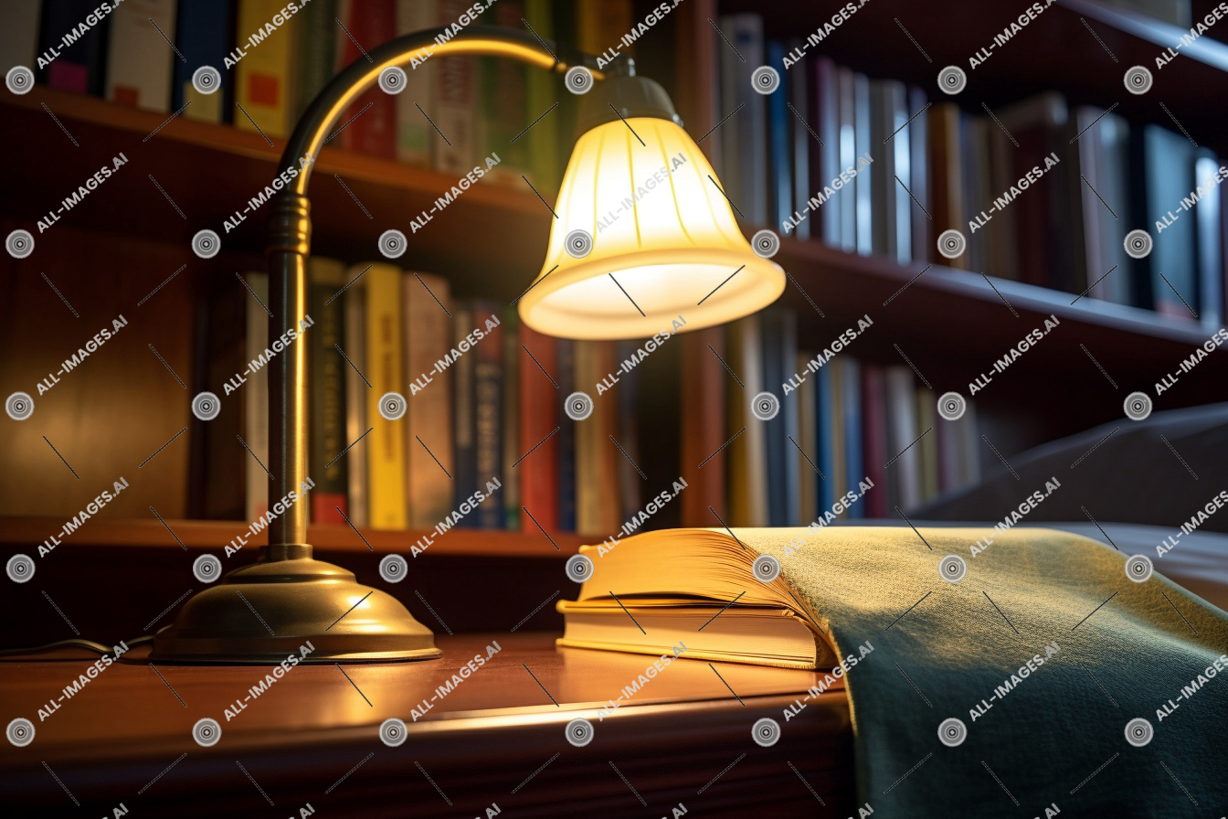 a lamp on a table,book, lampshade, reading, shelf, furniture, indoor, wall, bookcase, sitting, light, lamp