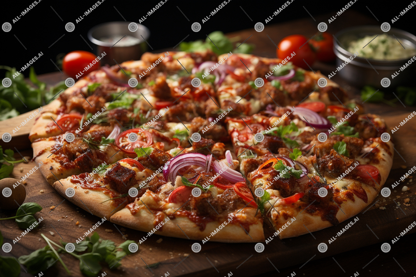 une pizza avec de la viande et des légumes sur une surface en bois,cuisine, recette, pizza sicilienne, tableau, garnitures, intérieur, fromage à pizza, pizza de style californien, nourriture italienne, Fast food, pâtisseries, nourriture, plat, ingrédient, légume, gâchis, pizza, galette