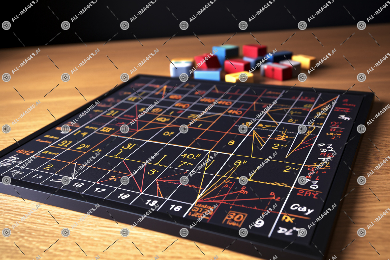 una tavola nera con blocchi colorati su un tavolo,Riempimento, in posizione verticale, interno, tavolo, Angora turca, visivo, bilancia, comportamento, matematica, devastazione