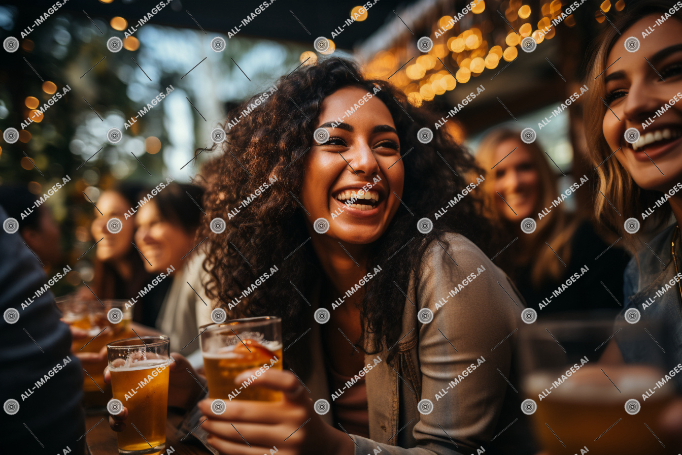 Une femme souriant à une table avec des boissons,boisson alcoolisée, groupe, verre à pinte, personne, visage humain, bière, entrée, Hommes, chaud, barware, content, angle, personnes, visualisé, séance, chaise, Extérieur, sourire, femme, boire, femmes, dynamique, divers, en buvant, devant, pinte, alcool, vêtements