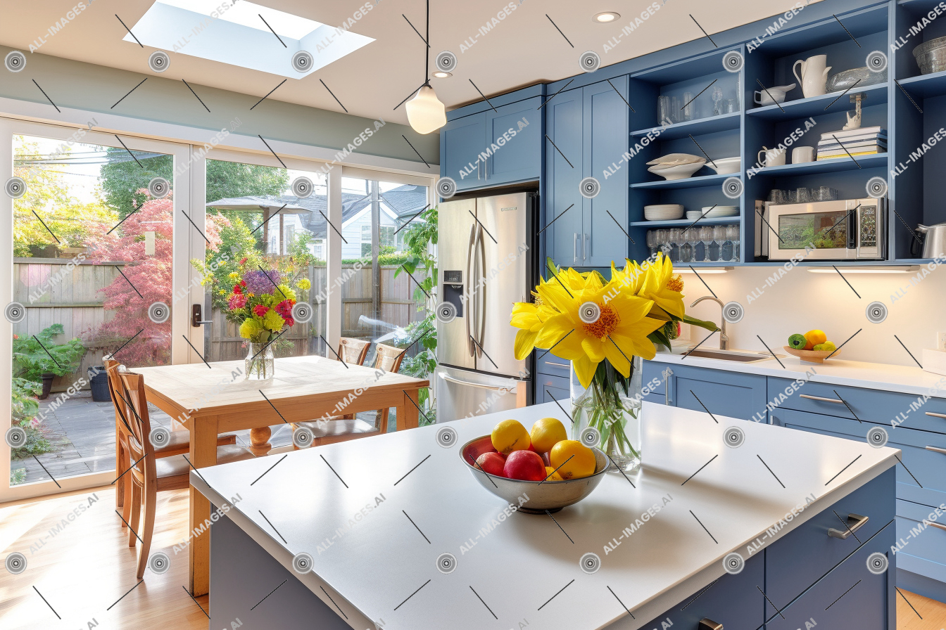 Bright Modern Kitchen with Blue Cabinets,cuisine, kitchen table, countertop, table, furniture, floor, indoor, home, dining, cabinetry, wall, kitchen, houseplant, ceiling, window, chair, kitchen appliance, cupboard, kitchen & dining room table, sink, dining room, flower, interior design, home appliance, room, design, vase