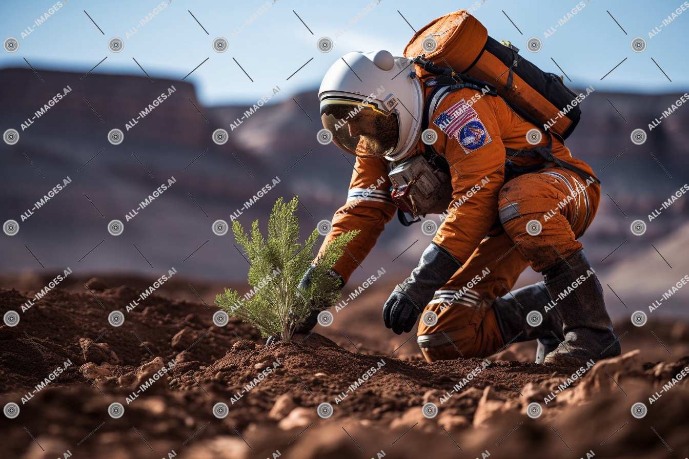 une personne en costume orange plantant une petite plante,côté, paysage, Mars, visible, ciel, voir, plantation, Terre, arbre, incliné, rougeâtre, astronaute