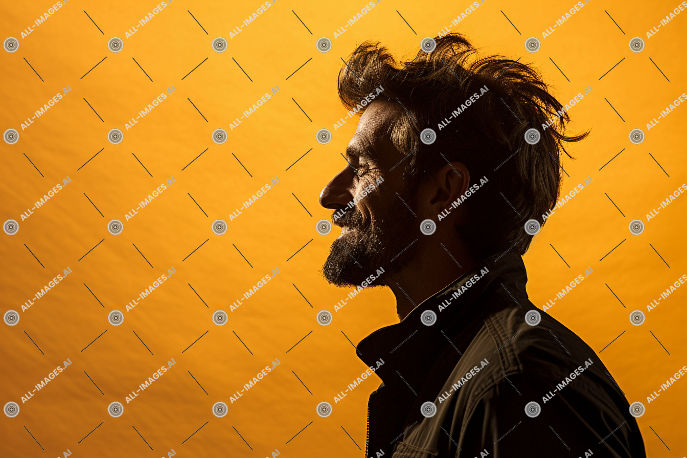 a man with a beard and mustache smiling,side, person, human face, bright, standing, man, wall, viewed, sideways, background, portrait, silhouette, human, clothing, against