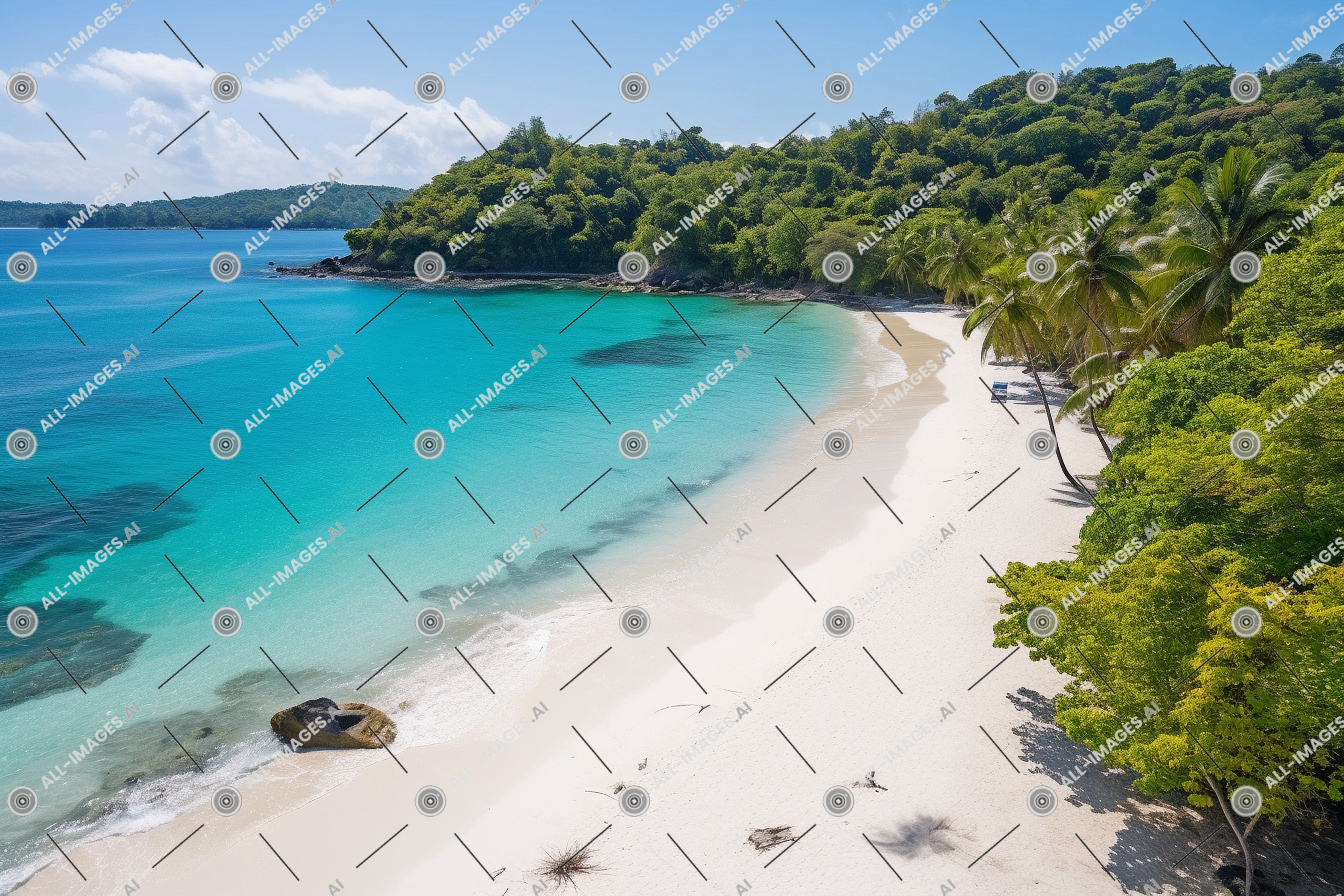 a beach with trees and blue water,outdoor, coastal and oceanic landforms, tropics, sky, nature, cloud, coast, bay, body of water, island, caribbean, cay, tree, shore, lagoon, bight, ocean, shoal, water resources, aqua, sea, headland, azure, spit, cove, cape, landscape, vacation, beach, sand, view, white, bird'seye, swaying, trees, light, breeze, lush, turquoise, tropical, water, palm