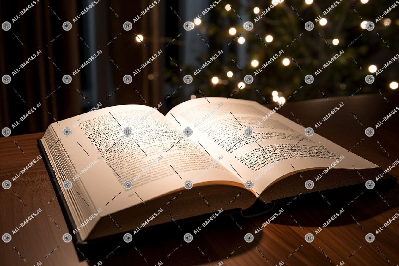 Un livre ouvert sur une table,livre, intérieur, lumière, texte, Sapin de Noël, papier