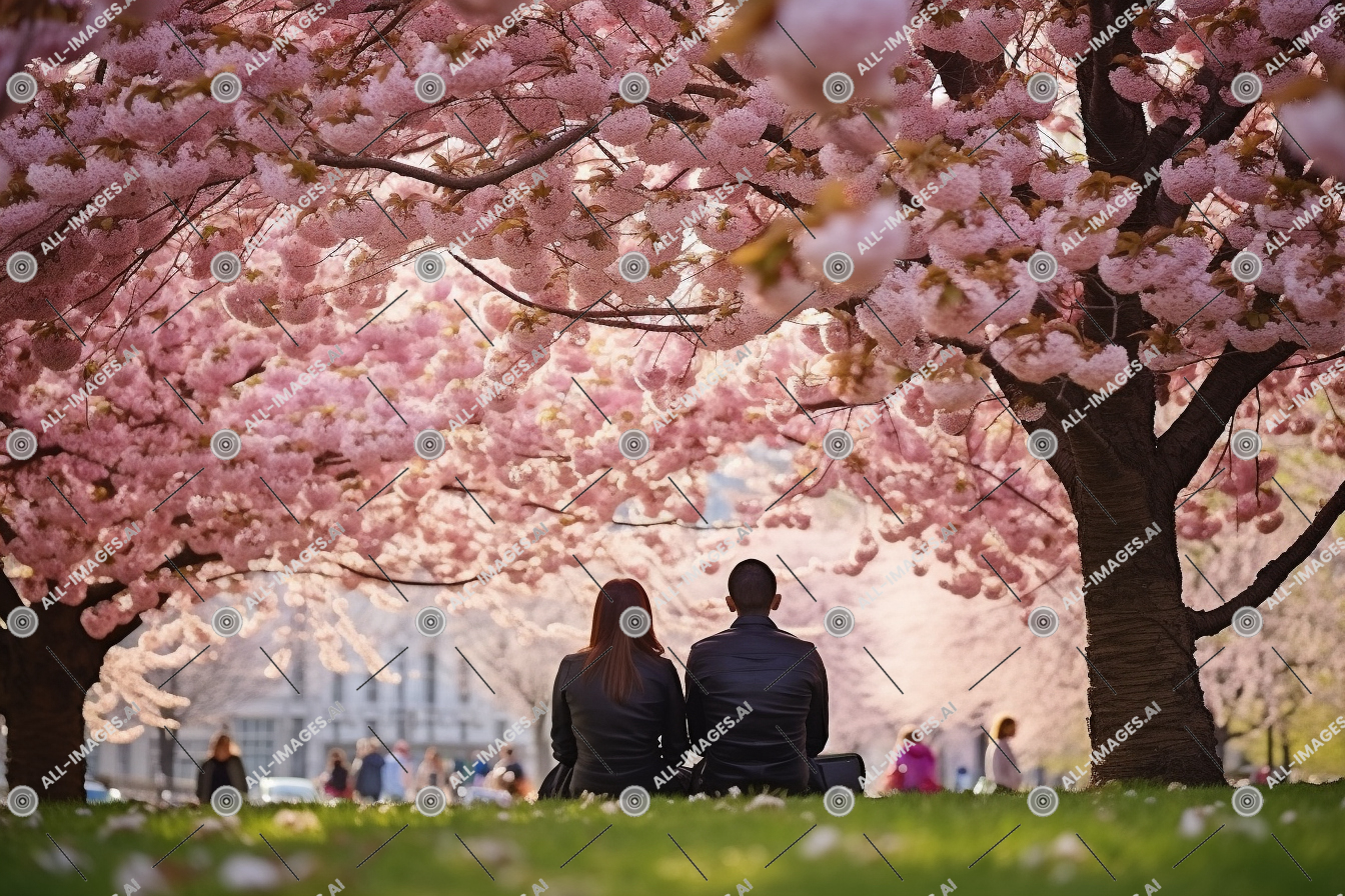 un homme et une femme assis sous un arbre avec des fleurs roses,sakura, fleur de cerisier, herbe, personne, derrière, épanouissement, homme, usine, couple, printemps, fleurir, personnes, visualisé, séance, Extérieur, arbre, parc, fleur, cerise, vêtements
