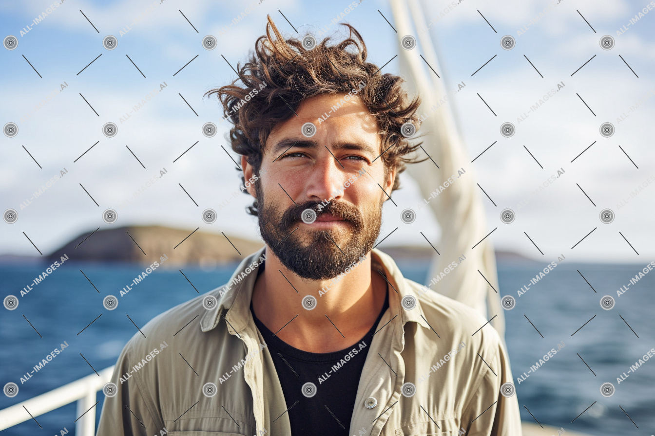 a man with nice hair and beard standing on a boat,person, sky, human beard, human face, outdoor, man, clothing, cloud, facial hair, water, moustache, sailing, sea, essence, story, harmonious, creating, lighting, science, holds, map, research, 30s, positioned, significance, oceanographic, subject's, oceanographer, reflects, showcase, marine, surroundings, carefully, vessel, skin, visual, tell, capture, portrait, environmental, tan, create, personality, set, narrative, within, incorporating, equipment, enhance, subject, tone, dedication