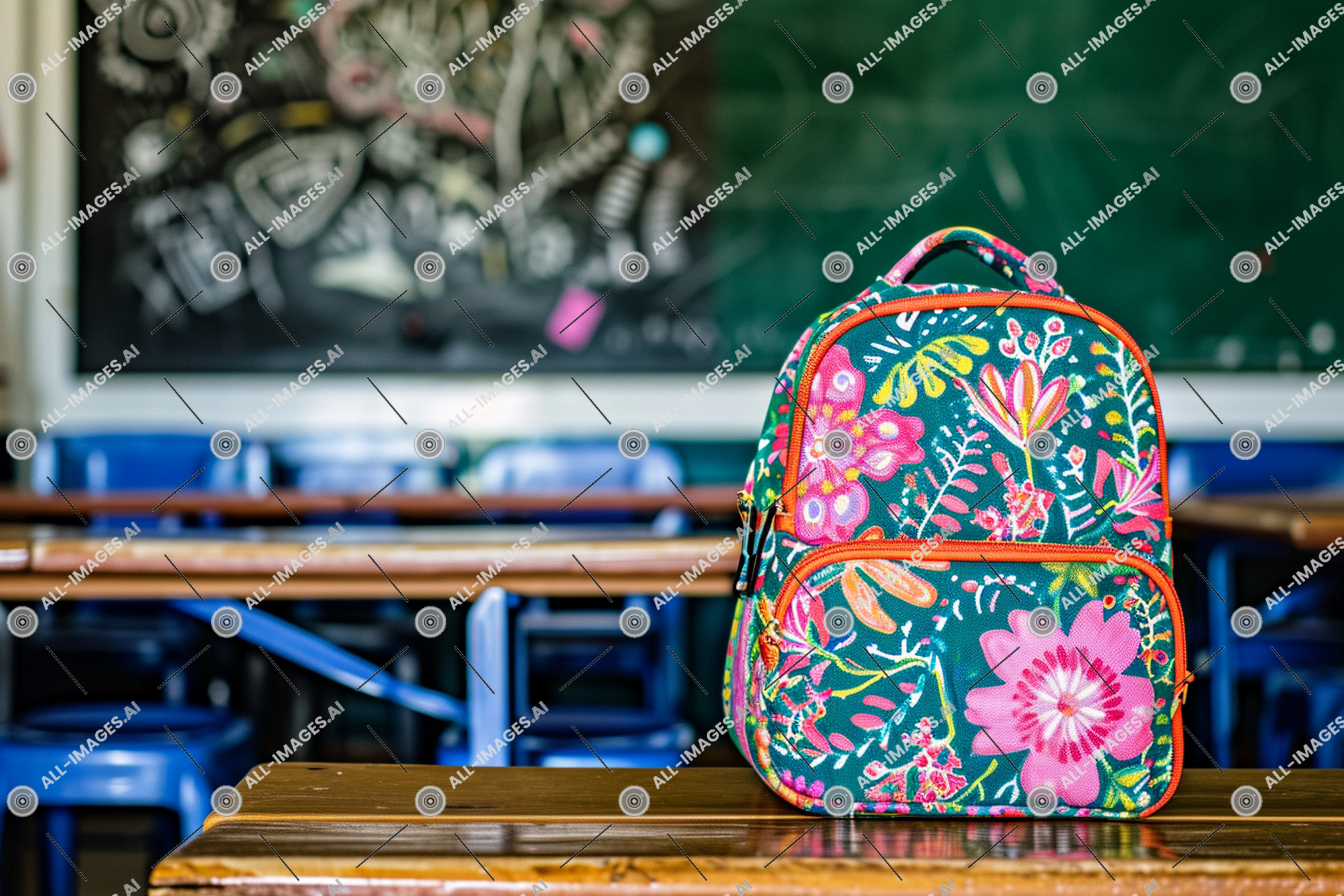 Floral Backpack in Classroom,sac, uovo, arte culinaria, colorato, meurette, interno, spartito, maturo, tavolo, servizio fotografico, sedia da ufficio, tartufo, arrotondato, incidente, scrivania, fiorito, Shotterstock, prominente, Groundlevel
