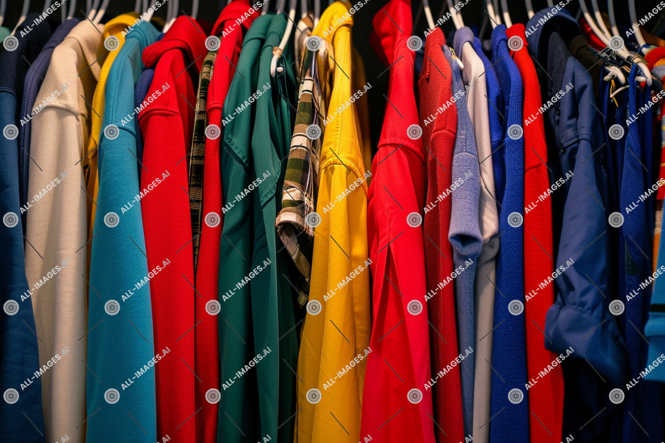 Colorful Assortment of Hanging Clothes,ovo, colorida, interior, carro, circulação, botão, Wonton, capuz, áster, roupas, modelo, colocação, prateleira, neutro, nível do solo, Mandelas