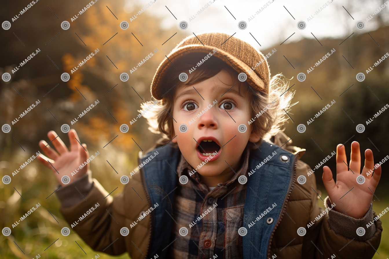a child with a surprised expression,person, human face, outdoor, toddler, clothing, tree, baby, grass, young, child, fall, boy, mouth, autumn