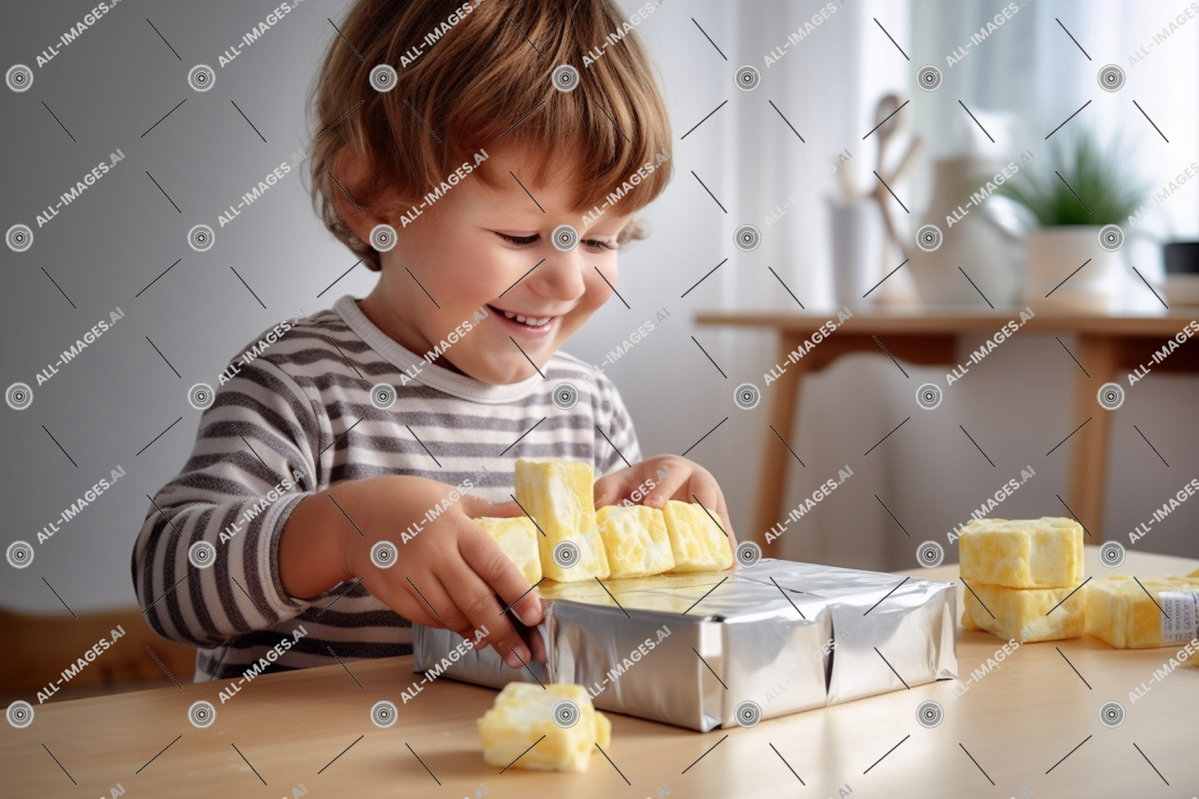 a child playing with a box of food,person, indoor, toddler, table, human face, snack, clothing, wall, young, food, boy, eating, child, butter, nut, slice, spreading, opening, box, bread