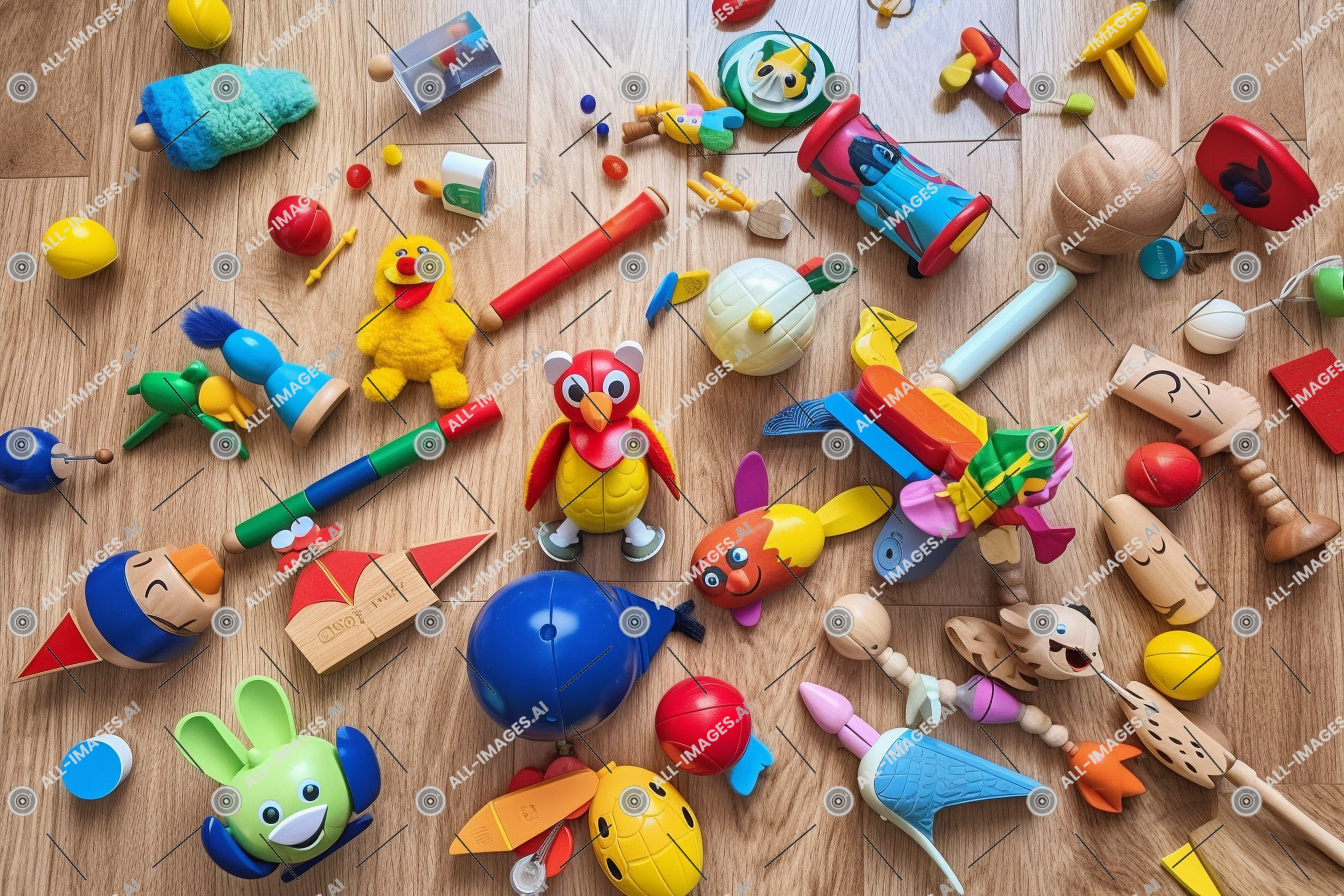 eine Gruppe von Spielzeug auf einem Holzboden,Teller, Ei, bunt, Orangen, Boden, Innere, Auto, Spieler, Tageslicht, Marmor, Vase, Spieler, Schnoodle, BAU -SET -Spielzeug, prominent