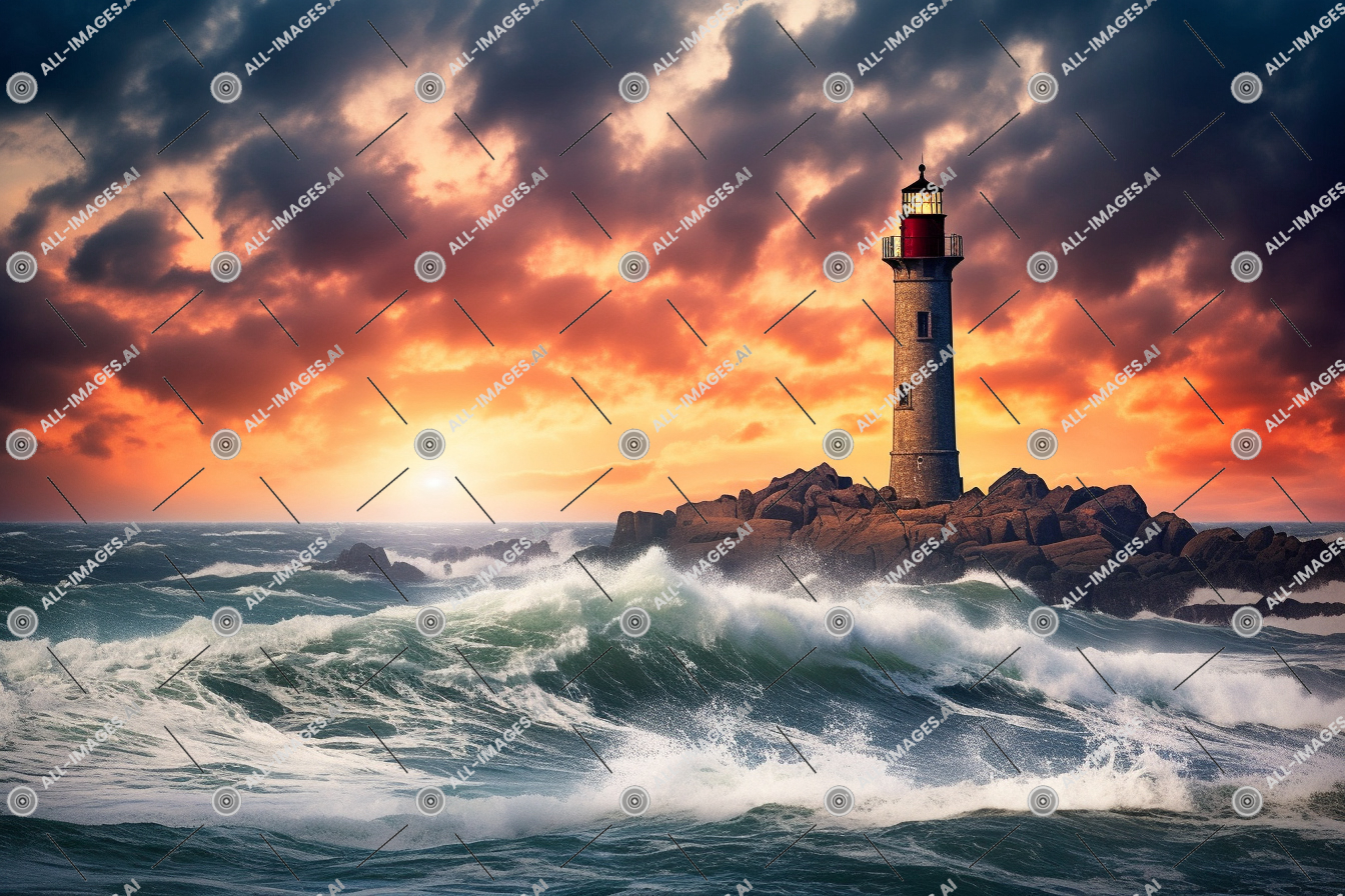 a lighthouse on a rocky island with waves,cloud, outdoor, water, beacon, tide, tower, horizon, sunrise, landscape, sea, wave, seascape, lighthouse, eye, sky, churning, details, ocean, dreamy, stormy, imperceptible, day, flashing, human, sunset