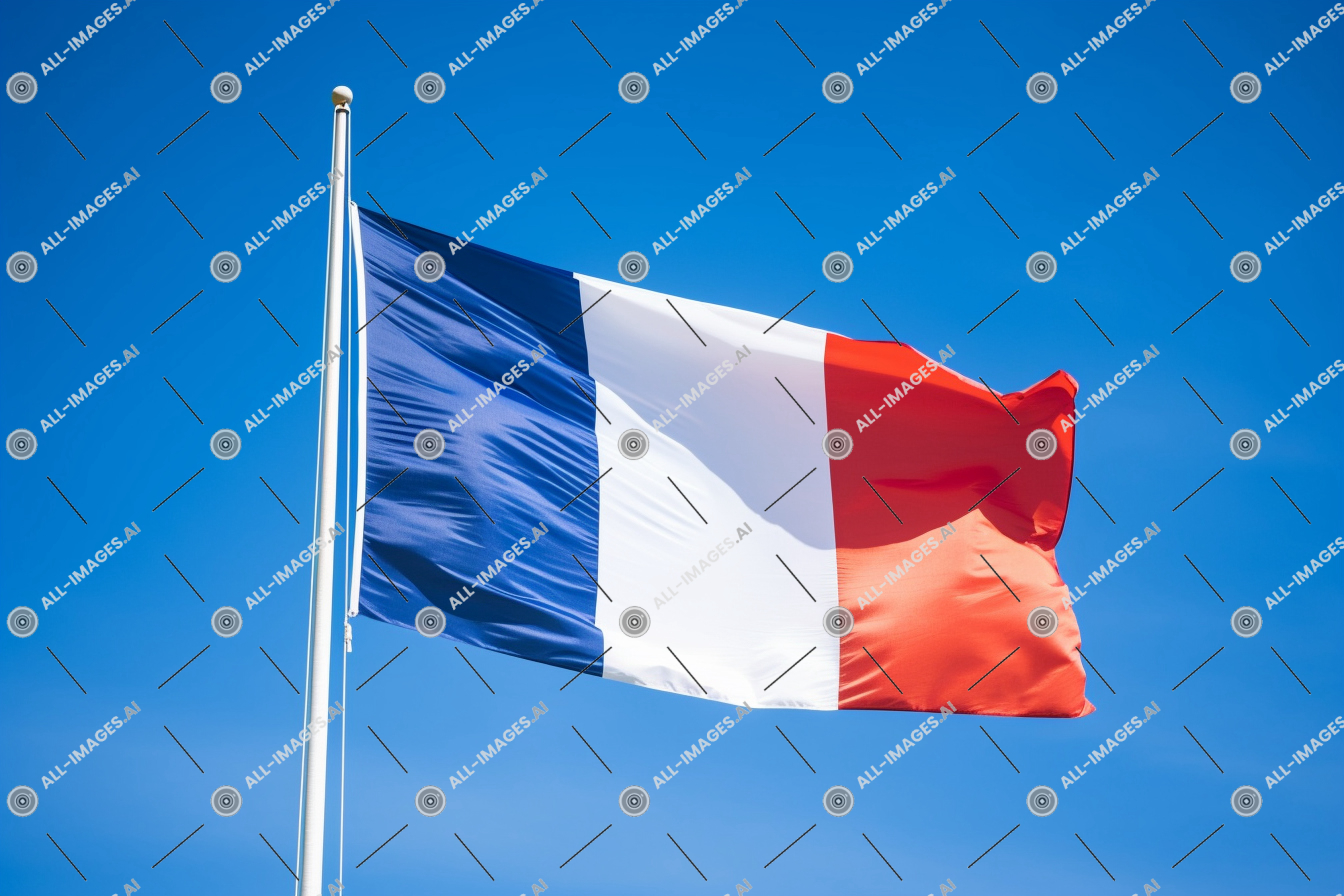 French Flag Fluttering Against Blue Sky,Azur, agiler, drapeau, clair, capturé, ciel, pôle, bleu électrique, perspective, angle, Français, faible, Extérieur, drapeau, France, bleu, contre