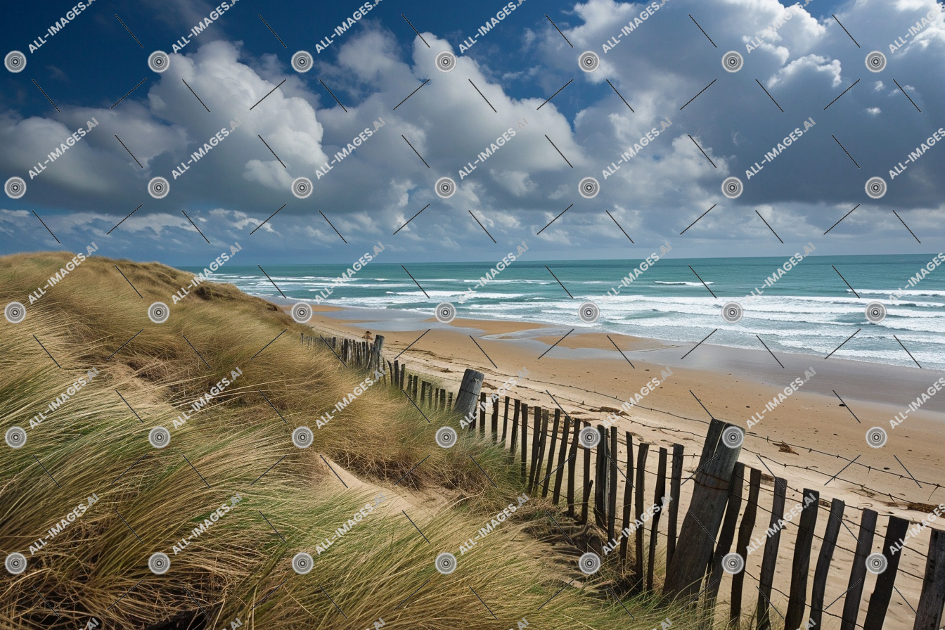 a fence on a beach,cloud, outdoor, sky, landscape, grass, beach, nature, water, coast, horizon, fence, coastal and oceanic landforms, ocean, sand, shore, sea, normandie