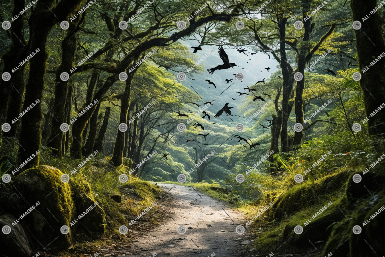 un chemin à travers une forêt avec des oiseaux volant dans le ciel,enroulement, des oiseaux, voir, aérien, en volant, aérien, chemin, forêt