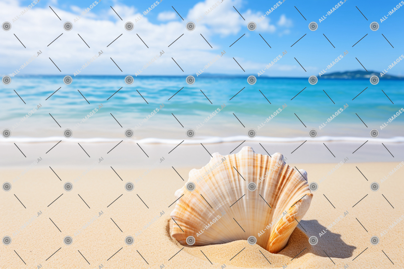 a shell on a beach,invertebrate, animal, outdoor, sky, shell, cloud, sand, water, ground, landscape, sea, nature, azure, beach, seashell, view, ocean, above, background, waves, sandy