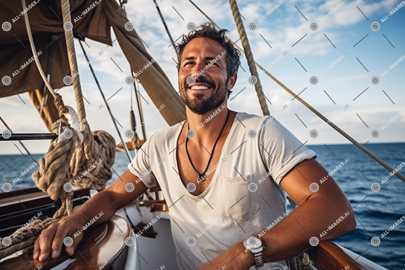 a man smiling on a boat,person, sky, outdoor, ship, sailboat, clothing, man, water, sailing vessel, essence, story, harmonious, creating, lighting, holds, 30s, love, sea, positioned, significance, subject's, reflects, showcase, sailor, surroundings, boat, carefully, compass, skin, visual, sailing, tell, capture, portrait, environmental, tan, create, personality, set, narrative, within, incorporating, enhance, subject, tone