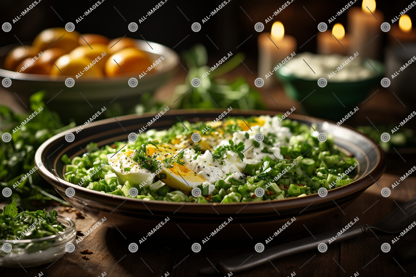 Un bol de nourriture avec des œufs et des oignons verts,cuisine, repas, manger, bougie, recette, tableau, garnir, intérieur, pois, légume de feuille, vaisselle, nourriture, plat, ingrédient, légume, salade, bol