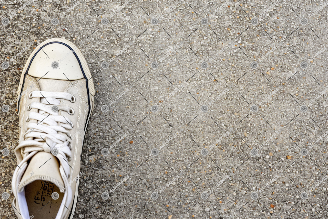 Single White Sneaker on Concrete,chaussure, béton, chaussure, surface, lisse, angle, chaussure de randonnée, sol, Extérieur, seul, chaussures, gris, baskette, fermer, baskets, vêtements