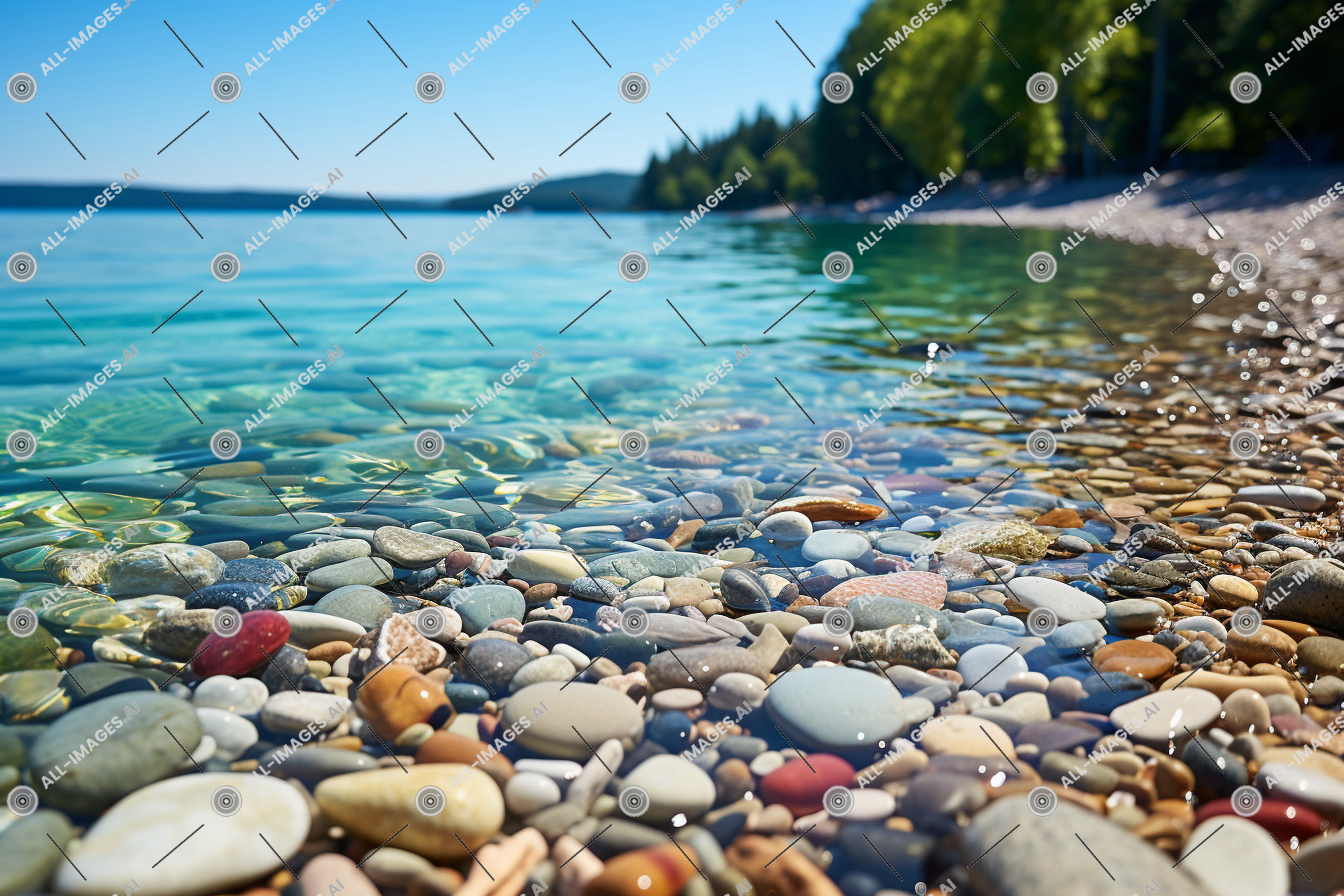 a close up of a beach,outdoor, water, lake, rock, sky, landscape, pebble, nature, gravel, body of water, ground, beach, shore, sea, summer, angle, gentle, low, seen, shoreline, lapping, serene, waves, pebbles, against