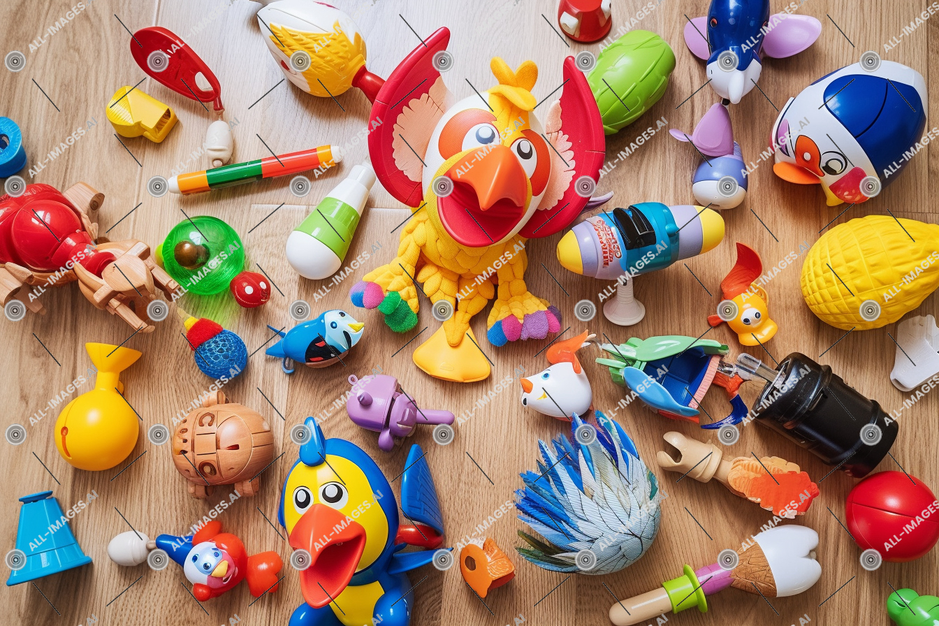 un groupe de jouets sur une table,approvisionnement de la fête, œil, coloré, des oiseaux, sol, intérieur, voir, jouets, lumière, maraca, variété, jouets pour bébé, dispersé, jouet, en bois