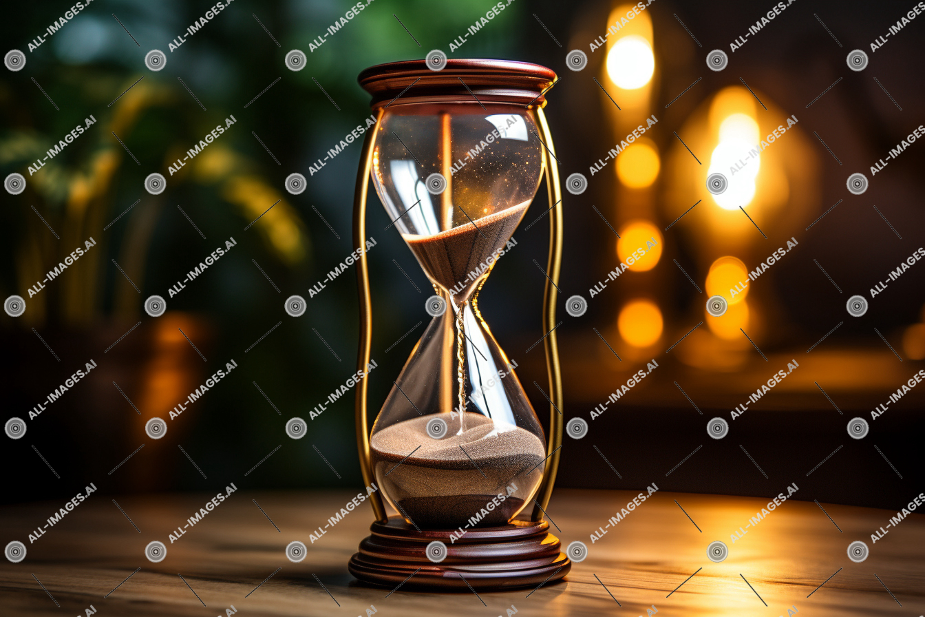 Glowing Hourglass on Wooden Surface,sablier, lumière, Photographie de nature morte