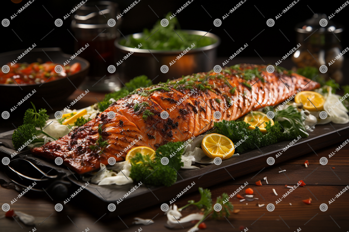 un gros morceau de poisson avec des citrons et des légumes verts sur une assiette noire,délicatesse, cuisine, repas, tableau, garnir, intérieur, viande, art culinaire, fruit de mer, citron, souper, nourriture, plat, légume, salade