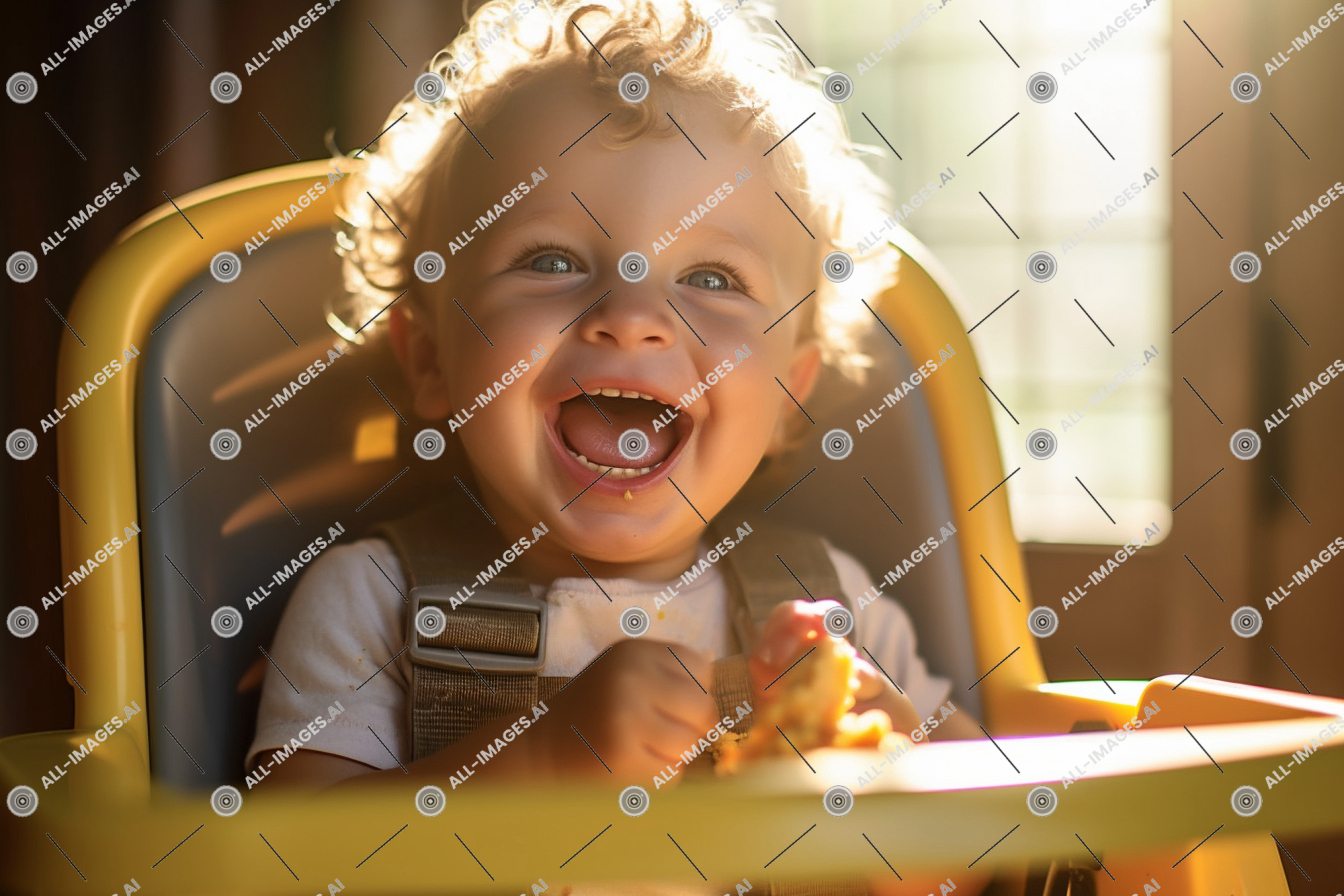 Un bébé assis dans une chaise haute,enfant, personne, jeune, visage humain, intérieur, haut, Heureusement, chaise, sourire, alimentaire, tout-petit, garçon, bébé, vêtements