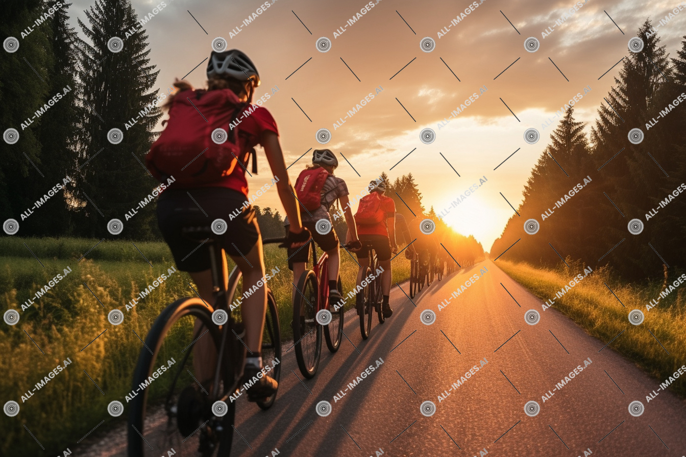 Un groupe de personnes qui roulent sur une route,adolescents, sinistre, groupe, herbe, personne, vélo de route, route, sport à vélo, guidon à vélo, casque, casque de vélo, ancien, vélo, ciel, Vélos, équipement sportif, roue de vélo, équitation, vélo, perspective, au-dessus de, angle, rouge, pédale de vélo, faible, Extérieur, arbre, véhicule, cadre de vélo, forêt, roue, vélo, véhicule terrestre, tir, pneu de vélo, vélos - équipage et fournitures, coucher de soleil